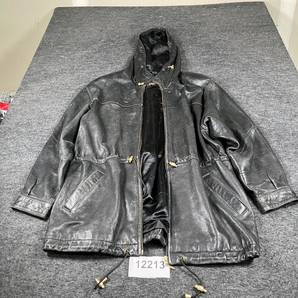 Colebrook & Co Mens Large Black Leather Hooded Parka Jacket Vintage Drawstring L